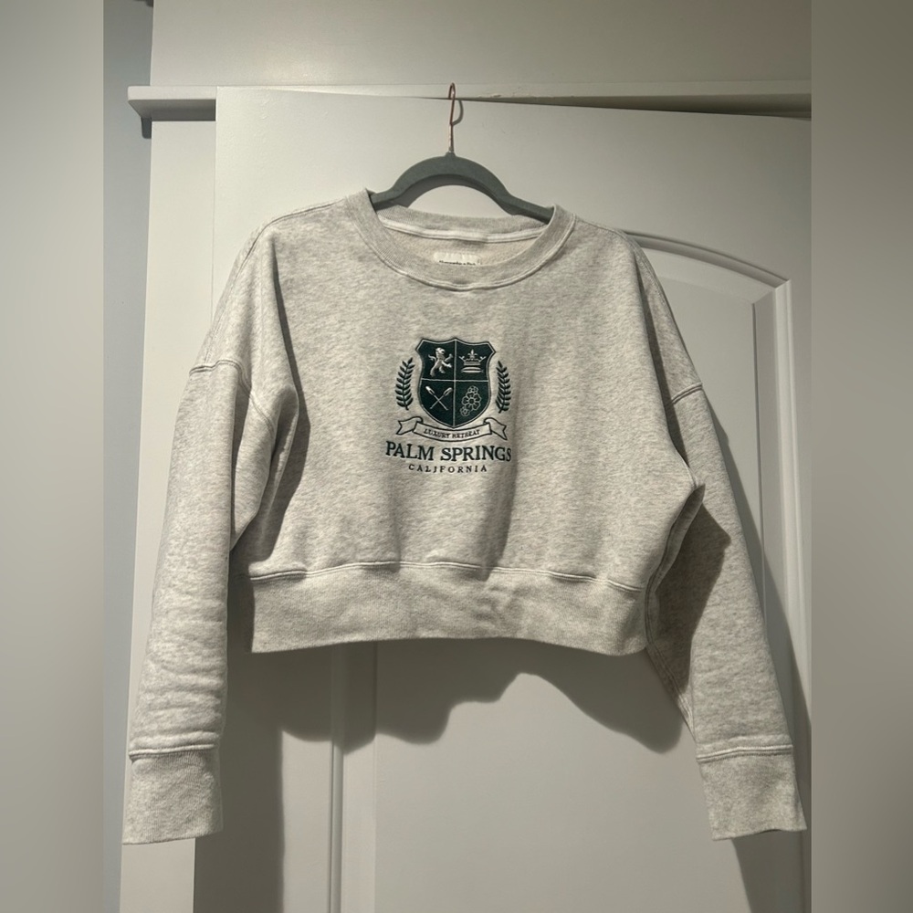 Abercrombie & Fitch Light Gray Cropped Sweatshirt with Dark Green Crest
